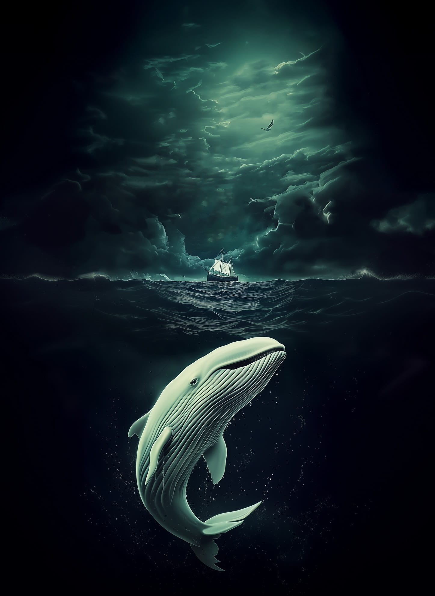 Moby Dick luring under the pequod